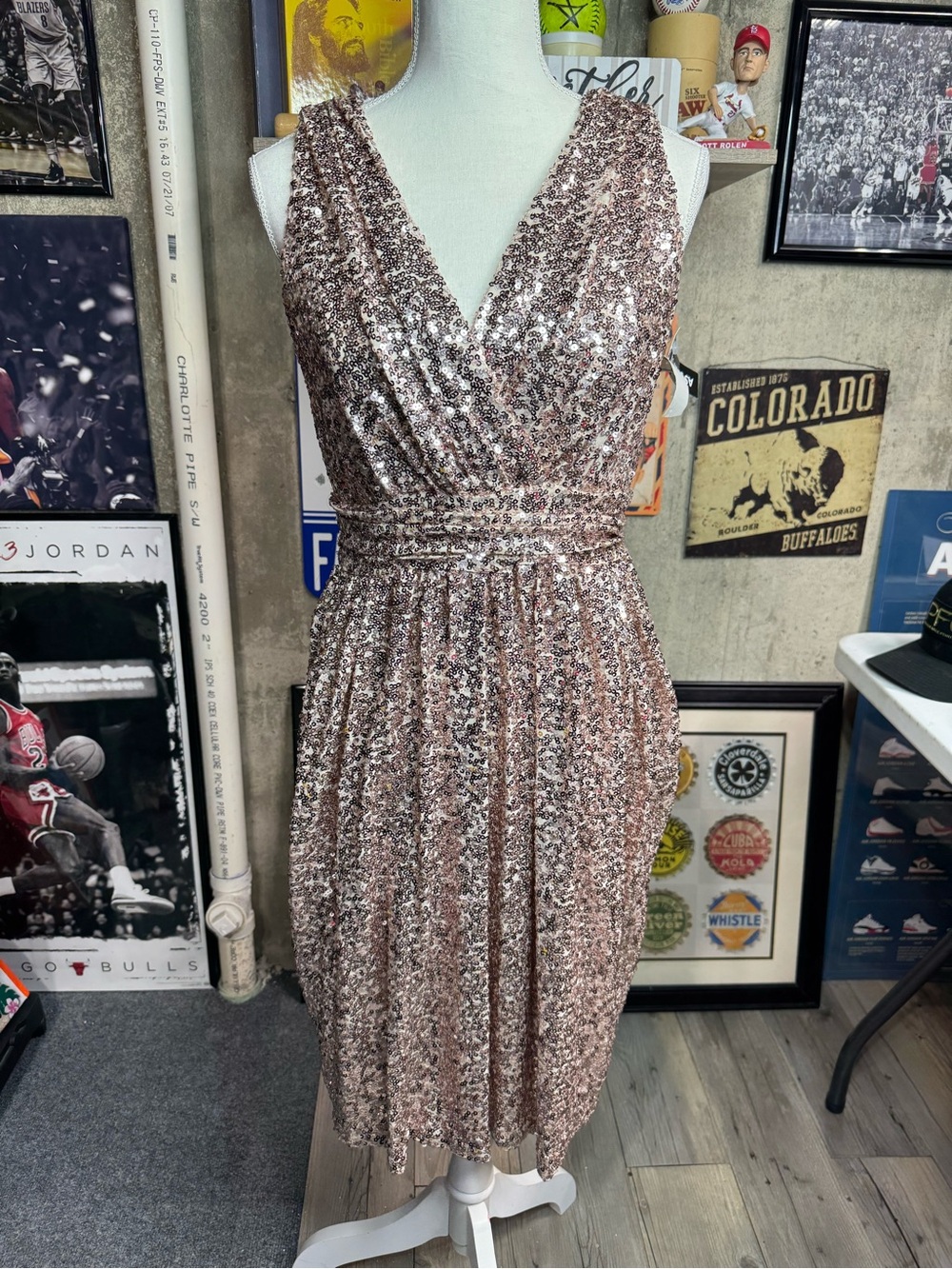 Badgley Mischka Rose Gold Sequin V-Neck Midi Dress